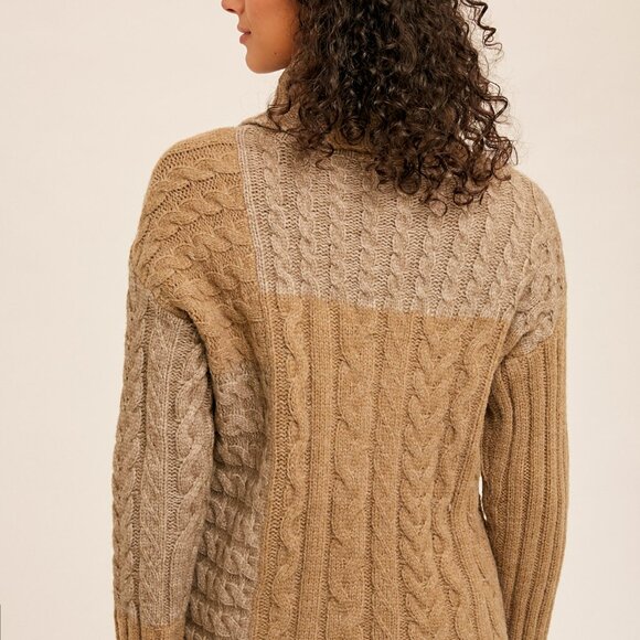 HEM & THREAD Chunky Cable Knit Turtleneck Sweater, Two-Tone Neutral Brown Beige - Picture 5 of 8